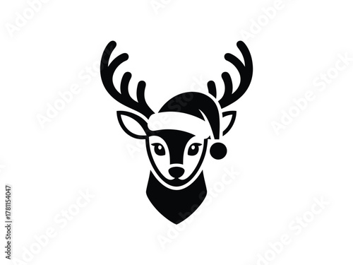A graphic illustration of a deer wearing a Santa hat against a white background.