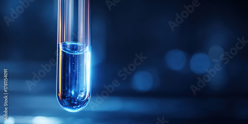Close-up of test tube with blue liquid in laboratory setting