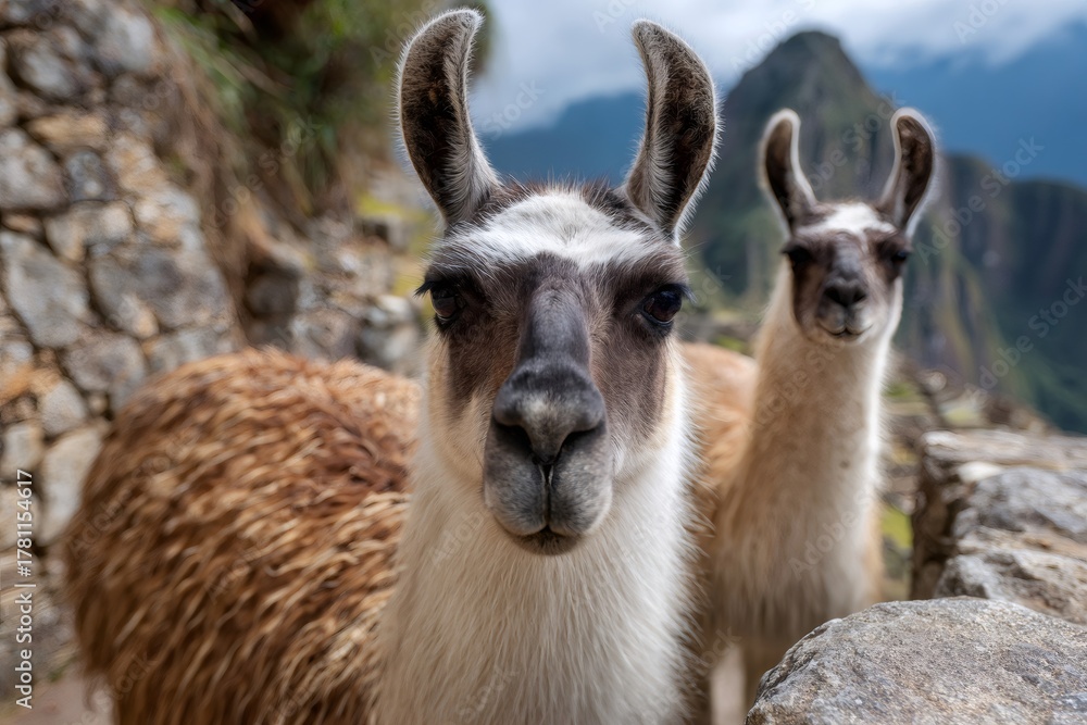 Obraz premium Llama pair looking at camera in machu picchu ruins