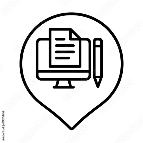 Thin black vector icon of computer and document inside circular pin, symbolizing digital copywriting, blogging, and online content editing on a transparent background.