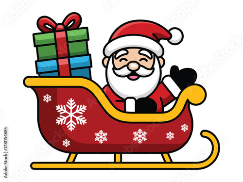 Santa Claus waves from his sleigh full of presents, ready to deliver gifts for Christmas.