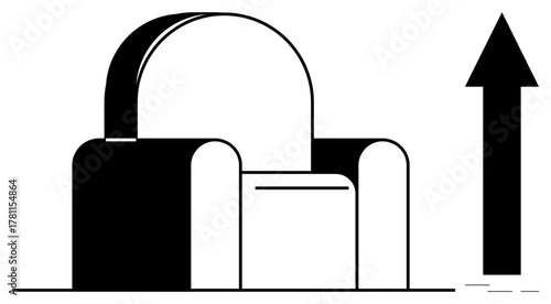 Minimalist armchair next to a bold upward arrow. Ideal for themes of growth, progress, innovation, design, comfort, interior aesthetics, success. Simple flat metaphor