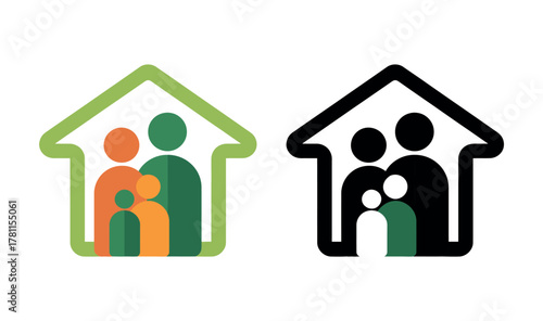 Stylized icons depict a family within the outline of a house, symbolizing home and belonging.