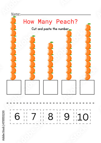 A peach-themed counting worksheet where children count the stacks of bitten peaches and cut and paste the correct number into the boxes.
