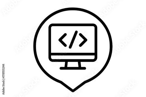 Thin black vector icon of a computer with code inside a circular pin, symbolizing programming, development, and modern software design on a transparent background.