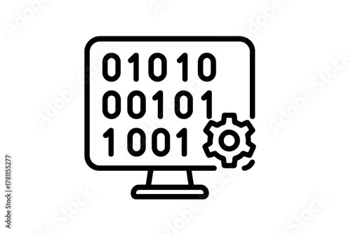 Minimal black software vector showing code screen and gear, representing algorithms, computation, and modern system engineering.