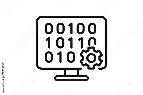 Thin black vector icon of monitor with binary code and gear, symbolizing software programming, data systems, and digital development on a transparent background.