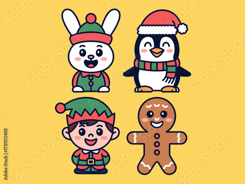 Wallpaper Mural Cute Christmas characters including a bunny, penguin, elf, and gingerbread man are depicted. Torontodigital.ca