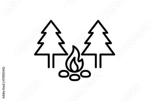 Thin black vector icon of pine trees and a campfire, symbolizing camping, relaxation, and forest recreation on a transparent background.