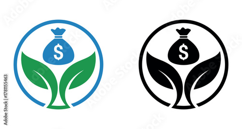 A circular icon depicting a money bag above two green leaves within a blue or black circle.