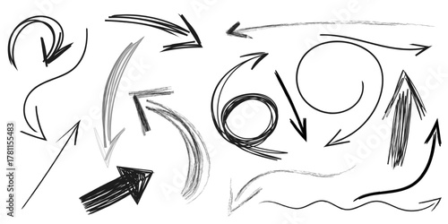 hand drawn sketch pencil drawing many different arrow element set, graphic vector pen scribble icons isolated on transparent png