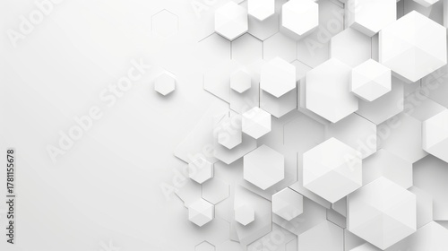Abstract white hexagonal shapes create a modern geometric pattern on a light background. The design is minimalistic and clean, suitable for various applications.
