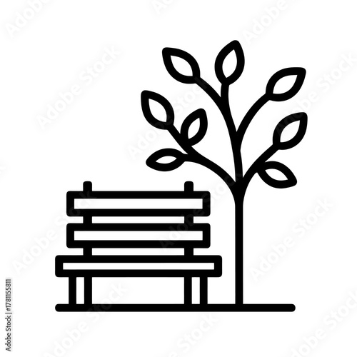 Thin black vector icon of a park bench under a tree, symbolizing recreation, relaxation, and outdoor leisure in a natural space.
