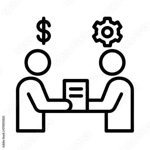 Minimal black business vector showing a contract exchange between two figures, representing teamwork, management, and financial cooperation.