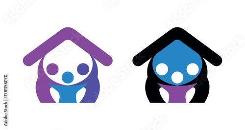 Two stylized house icons representing family or community with stylized figures inside them, on a white background.