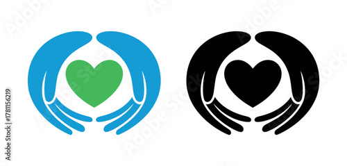 Two abstract representations of hands cradling a heart, one in blue and green, the other in black.