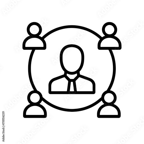 Thin black vector icon of a central leader linked to four people, symbolizing teamwork, stakeholder connection, and project coordination.