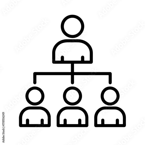 Minimal black business vector showing connected people in a chart, representing teamwork, coordination, and stakeholder relationships.