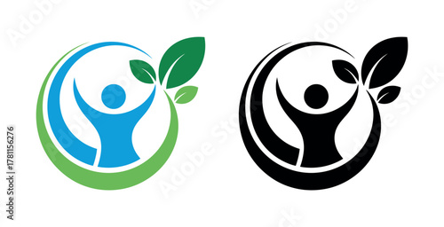 Abstract human figures with leaves symbolize growth, wellness, and environmental consciousness in nature.