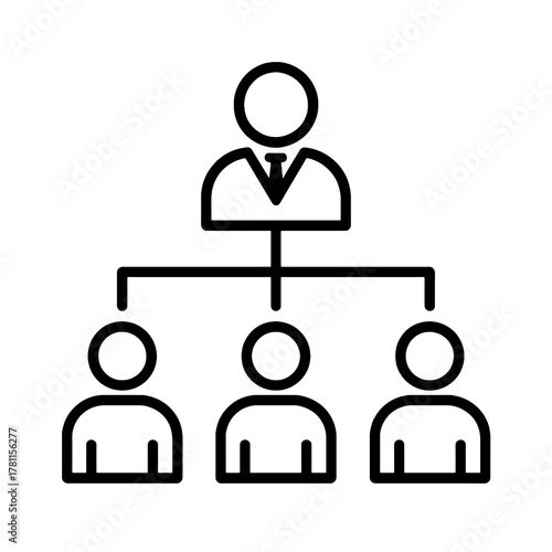 Thin black vector icon of an organizational hierarchy, symbolizing leadership, stakeholder structure, and effective business management.