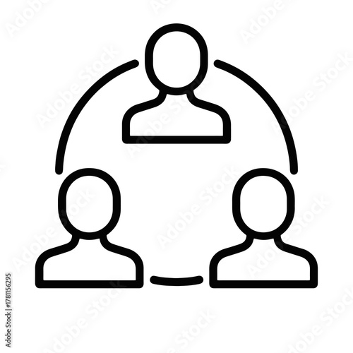 Minimal black stakeholder vector showing linked silhouettes, representing communication, management, and professional business partnership.