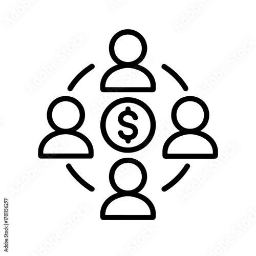 Thin black vector icon of people around a dollar symbol, symbolizing investors, stakeholders, and business financial collaboration.