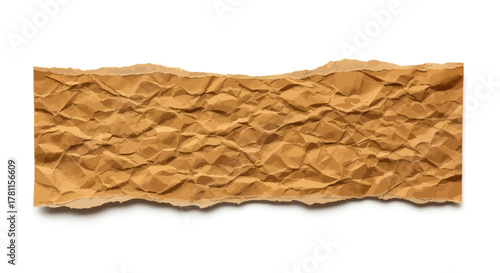 Roughly torn and wrinkled brown craft paper piece, casting a subtle shadow, isolated on a white background, creating a versatile texture element for graphic design applications