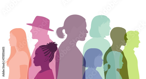 Vibrant graphic depiction of diverse human silhouettes arranged in a harmonious collective, symbolizing population, community, and the beauty of global inclusion