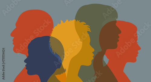 Diverse silhouettes of individuals representing unity, community, and human connection, in a colorful composition