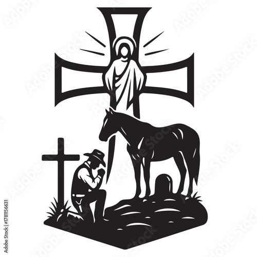 Silhouette illustration of a horse and rider in black and white vector art