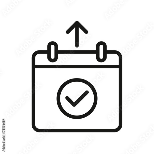 Minimal black business calendar vector showing an arrow and check mark, representing deadlines, organization, and project progress.