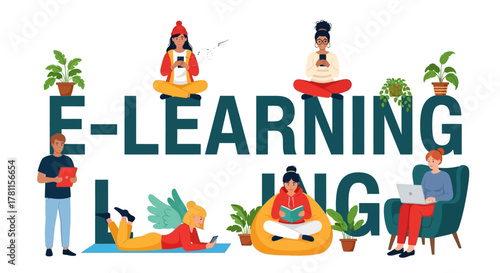 E-Learning Concept with People Interacting with Devices and Plants