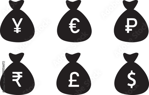 Money Sack Icon Set — Currency Symbols Vector with Dollar, Rupee, Pound, Yen, Yuan, Euro, and Ruble