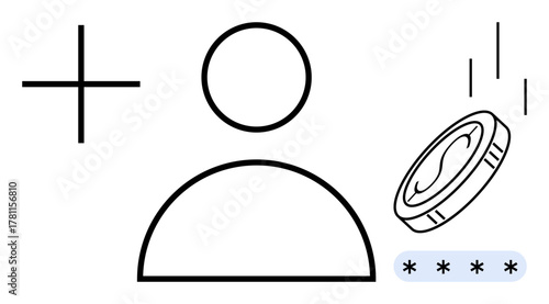 Minimalist person icon with plus sign, password placeholders, and coin in motion. Ideal for finance, digital identity, security, account creation, savings, online transactions simple flat metaphor