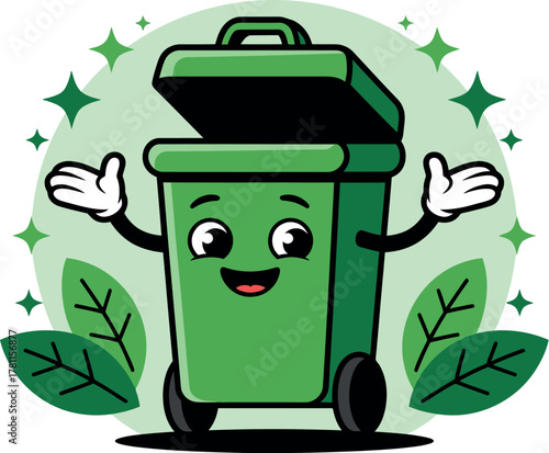 Cheerful green recycling bin with friendly face and open lid, surrounded by sparkling leaves.