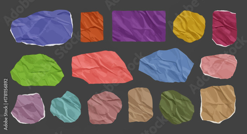 Assortment of colorful crumpled paper pieces with textured surfaces and torn edges, ideal for graphic design, abstract backgrounds, or digital scrapbooking elements