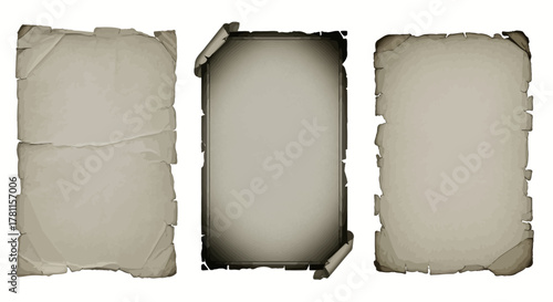 Collection of three isolated vintage paper designs with torn and burnt edges, an antique parchment vector pixel graph set