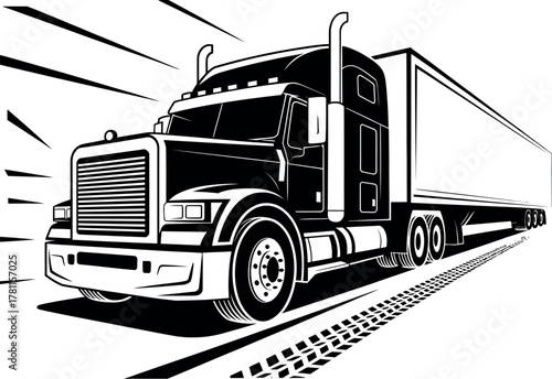 Powerful semi-truck speeding down the highway with motion blur