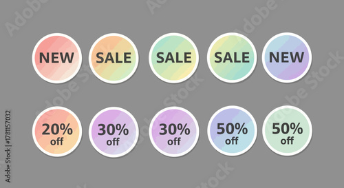 Vibrant pastel watercolor-style circular promotion stickers collection, featuring 'NEW', 'SALE', and various discount percentage 'OFF' badges, ideal for modern retail and e-commerce marketing