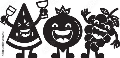 Three cartoon fruits celebrating and holding drinks