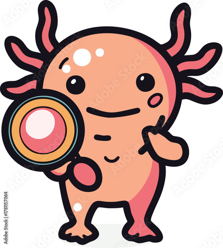 Cute cartoon axolotl holding a magnifying glass
