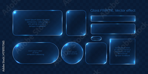A set of glass-effect frames with shining edges and highlights. Blue, translucent geometric shapes, rectangles, circle, oval, square. Design UI UX elements for websites and user interfaces.