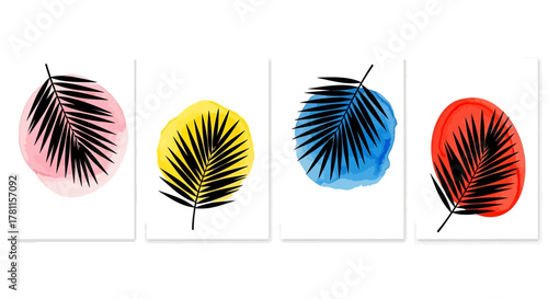 Tropical Palm Leaves with Watercolor Backgrounds Art Set