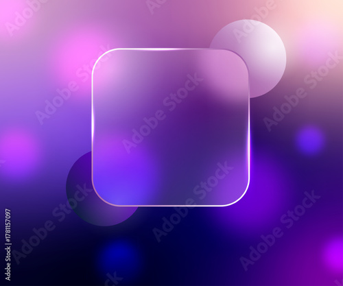 Abstract, purple gradient background with frosted glass plate with copy space. Flying 3D blurred and focal spheres. Banner template and covers for advertising on social networks, websites, leaflets.