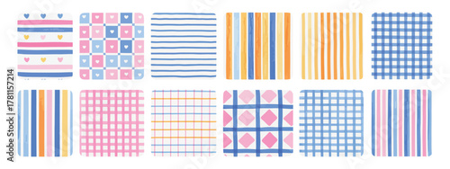 Cute Stripe Watercolor Background Set – Hand-Drawn Minimal Checkered Textures, Soft Brushstroke Patterns, Naive Trendy Pastel Prints for Baby Decoration, Postcards, Invitations