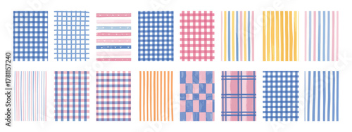 Cute Stripe Watercolor Background Set – Hand-Drawn Minimal Checkered Textures, Soft Brushstroke Patterns, Naive Trendy Pastel Prints for Baby Decoration, Postcards, Invitations
