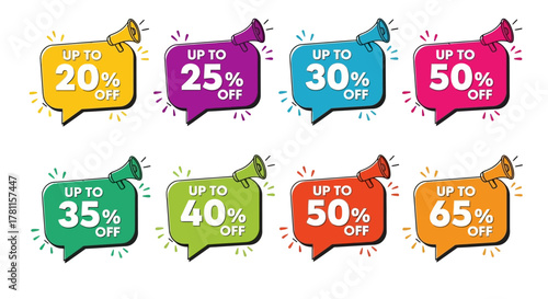 Colorful sale labels with different discount percentages, perfect for promotional material