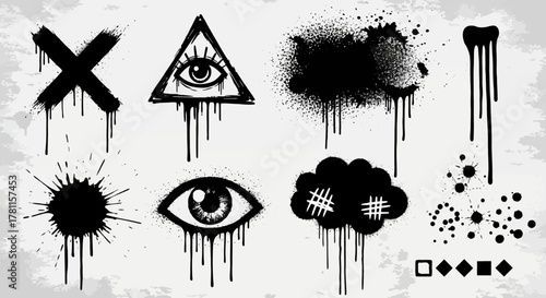 Spray Paint Grunge Vector Elements Triangle Eye, Cloud, Splatters and More