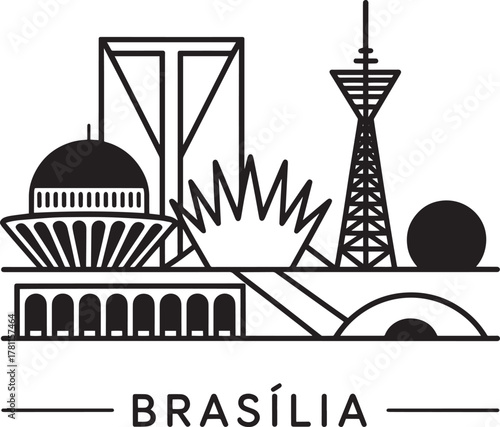 Brasilia brazil city skyline line art with famous landmarks travel vector illustration cityscape outline