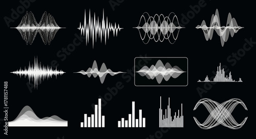 Collection of abstract sound wave graphics representing audio frequency and amplitude on a black background